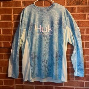 HUK Performance Men XL Long Sleeve Light Blue Graphic Print Fishing Shirt UPF